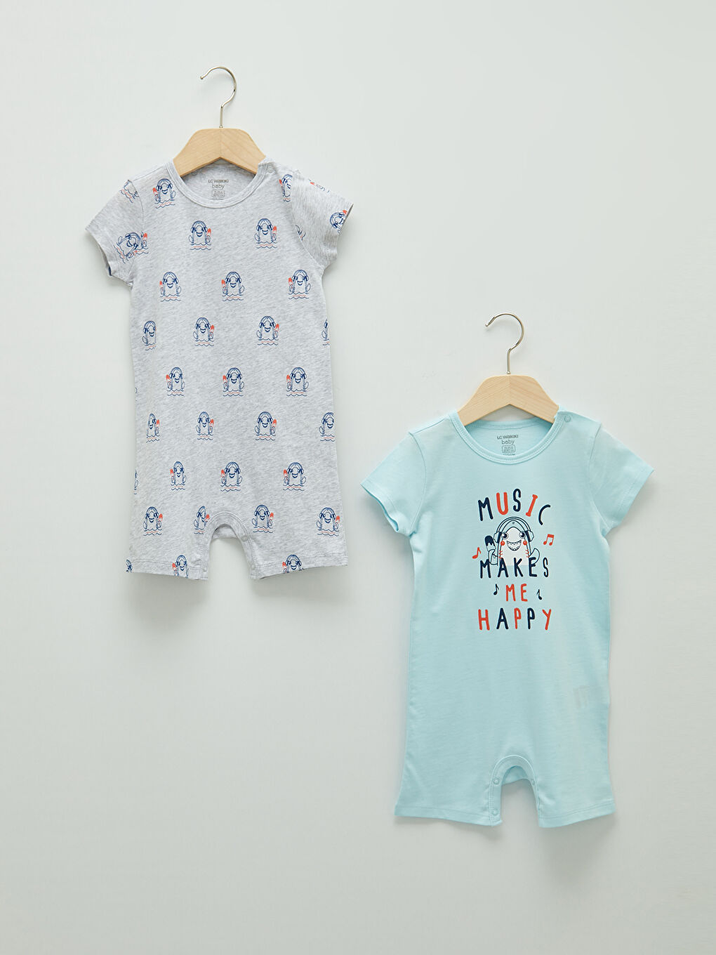 Crew Neck Short Sleeve Printed Unisex Baby Rompers 2 Pack