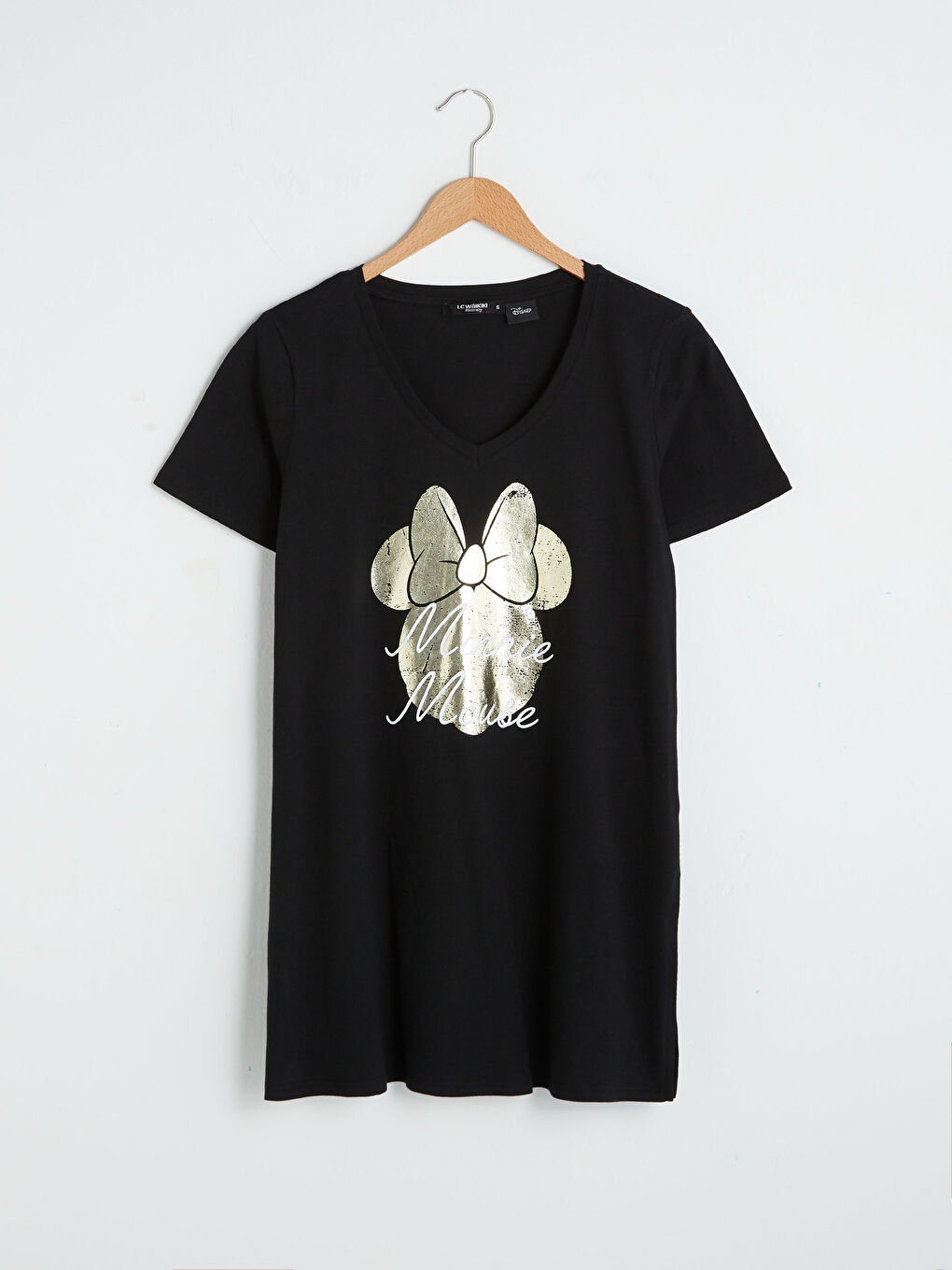 Siyah V Yaka Minnie Mouse Baskılı Kısa Kollu Pamuklu Hamile Tişört-5