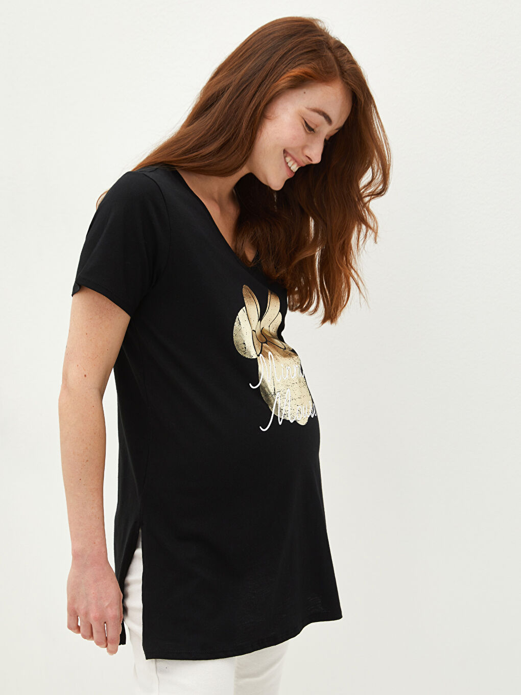 Siyah V Yaka Minnie Mouse Baskılı Kısa Kollu Pamuklu Hamile Tişört-1