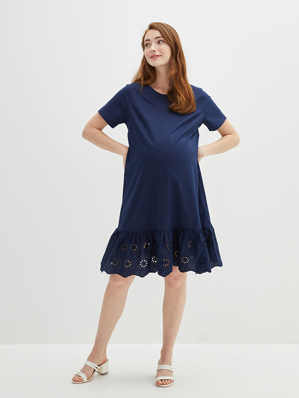 Lacivert Bisiklet Yaka Nakışlı Kısa Kollu Gabardin Kumaş Hamile Elbise