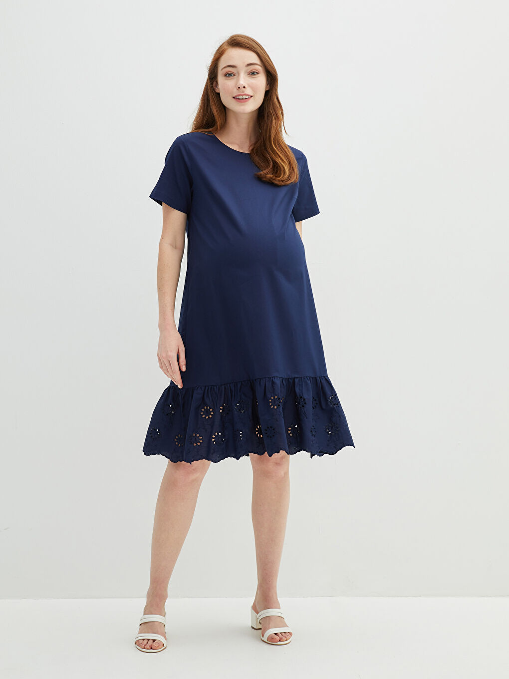 Lacivert Bisiklet Yaka Nakışlı Kısa Kollu Gabardin Kumaş Hamile Elbise-1