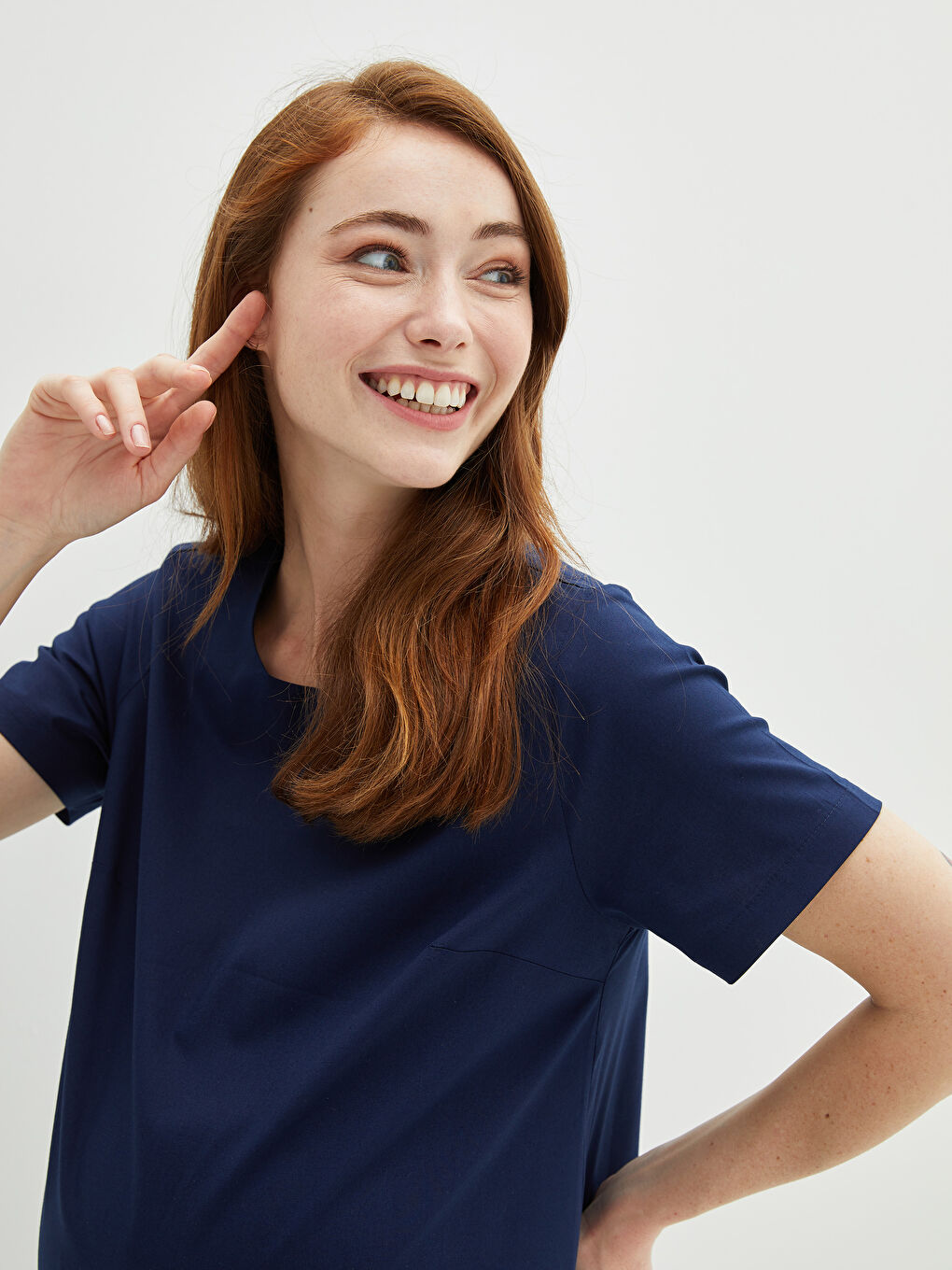 Lacivert Bisiklet Yaka Nakışlı Kısa Kollu Gabardin Kumaş Hamile Elbise-3