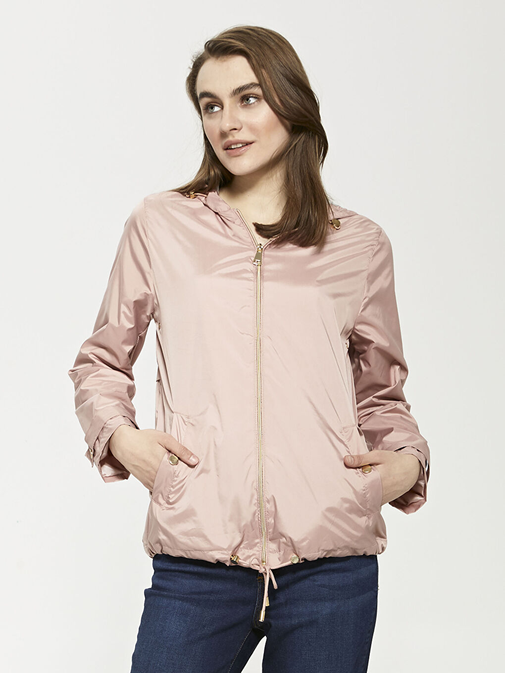 Pembe Kapüşonlu İnce Yağmurluk