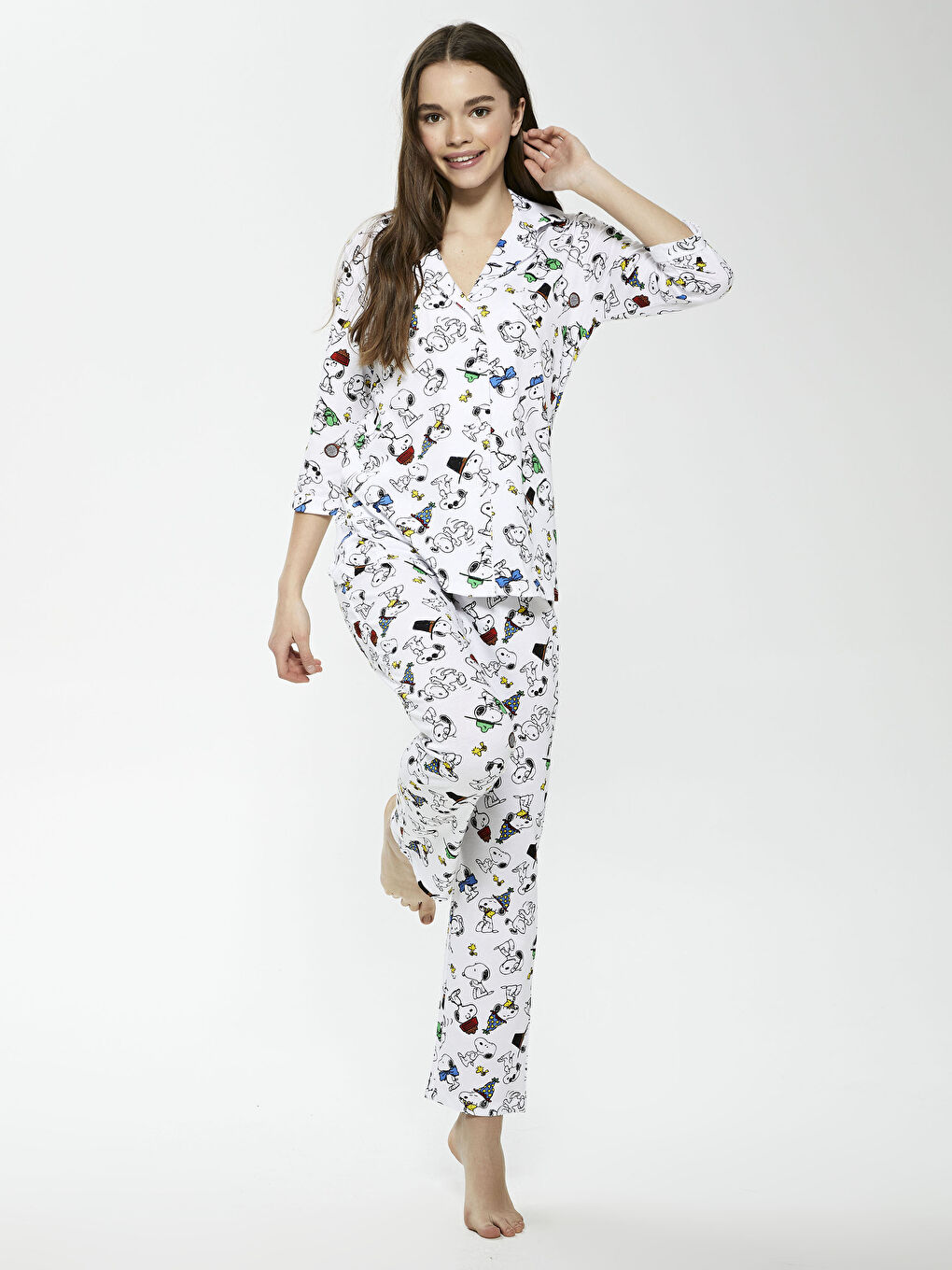 Shirt Collar Snoopy Printed Long Sleeve Cotton Women's Pajamas Set-6