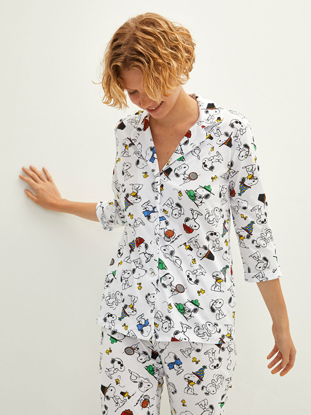 Shirt Collar Snoopy Printed Long Sleeve Cotton Women's Pajamas Set-3