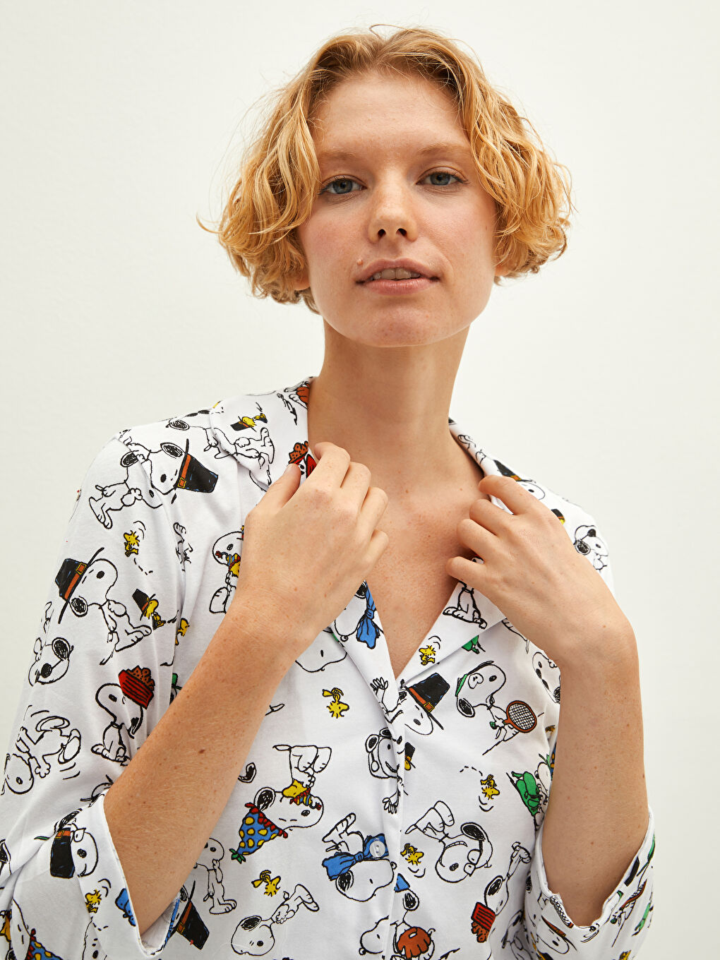 Shirt Collar Snoopy Printed Long Sleeve Cotton Women's Pajamas Set-4