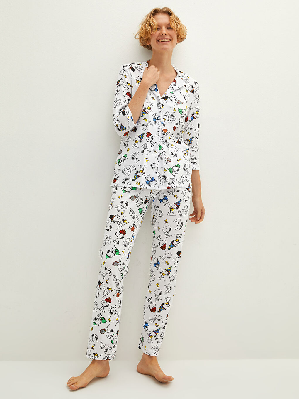 Shirt Collar Snoopy Printed Long Sleeve Cotton Women's Pajamas Set