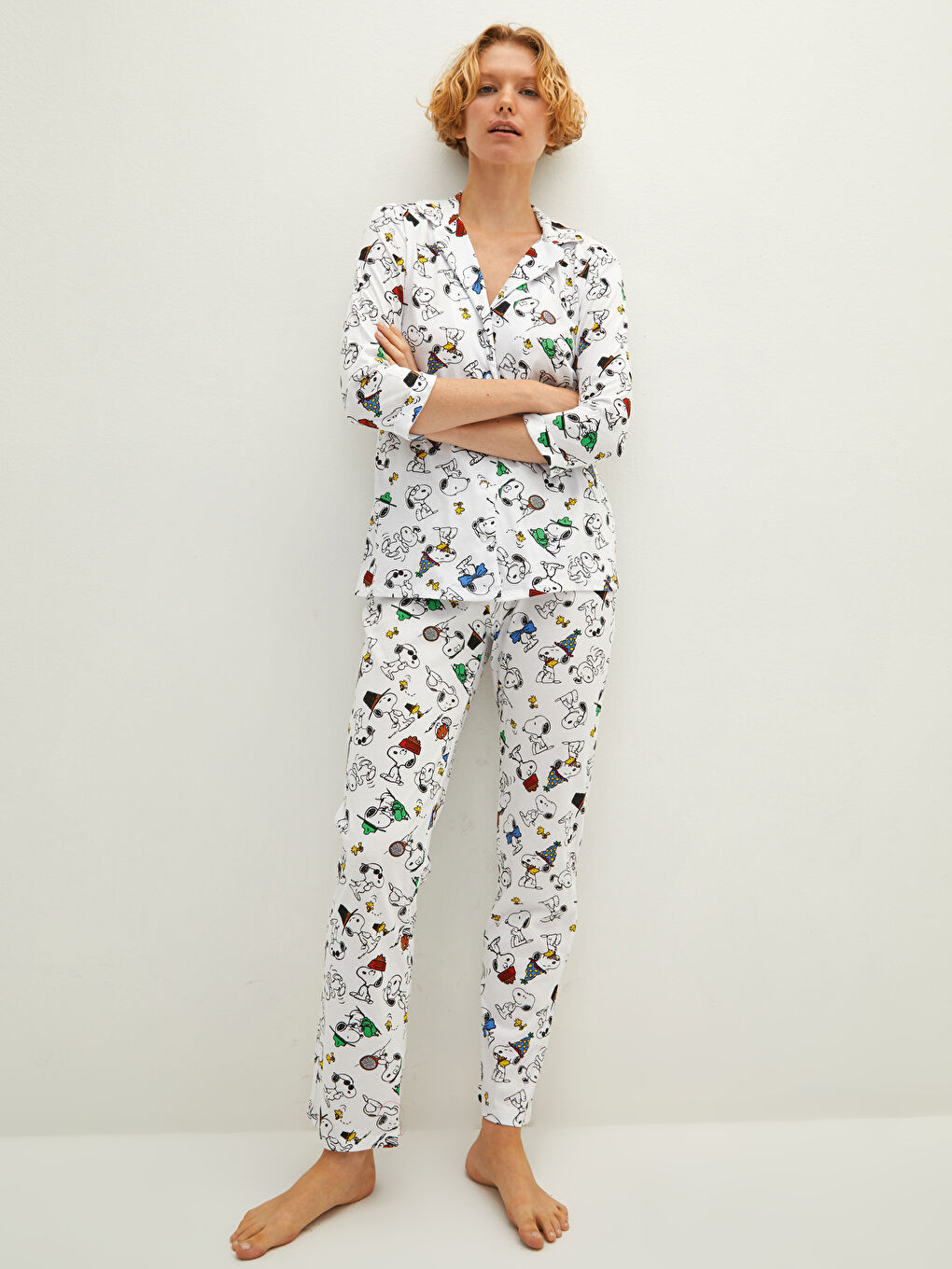Shirt Collar Snoopy Printed Long Sleeve Cotton Women's Pajamas Set-2