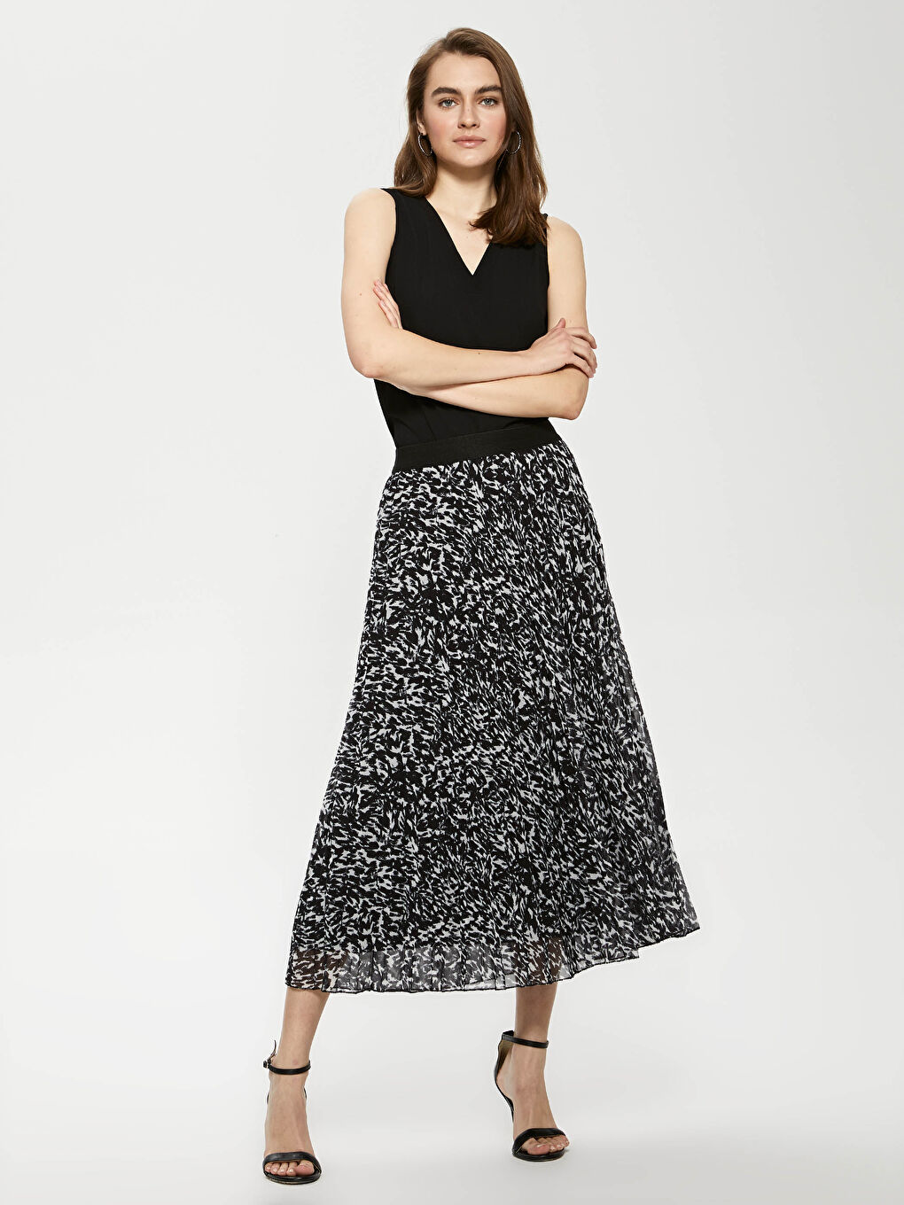 Bej Beli Lastikli Desenli Pileli Şifon Kadın Etek-6