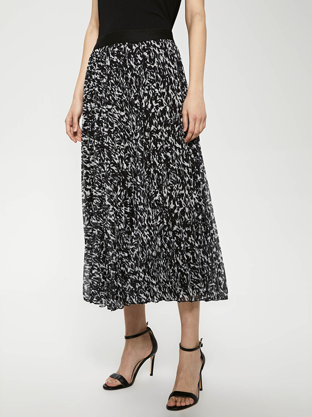 Bej Beli Lastikli Desenli Pileli Şifon Kadın Etek-8