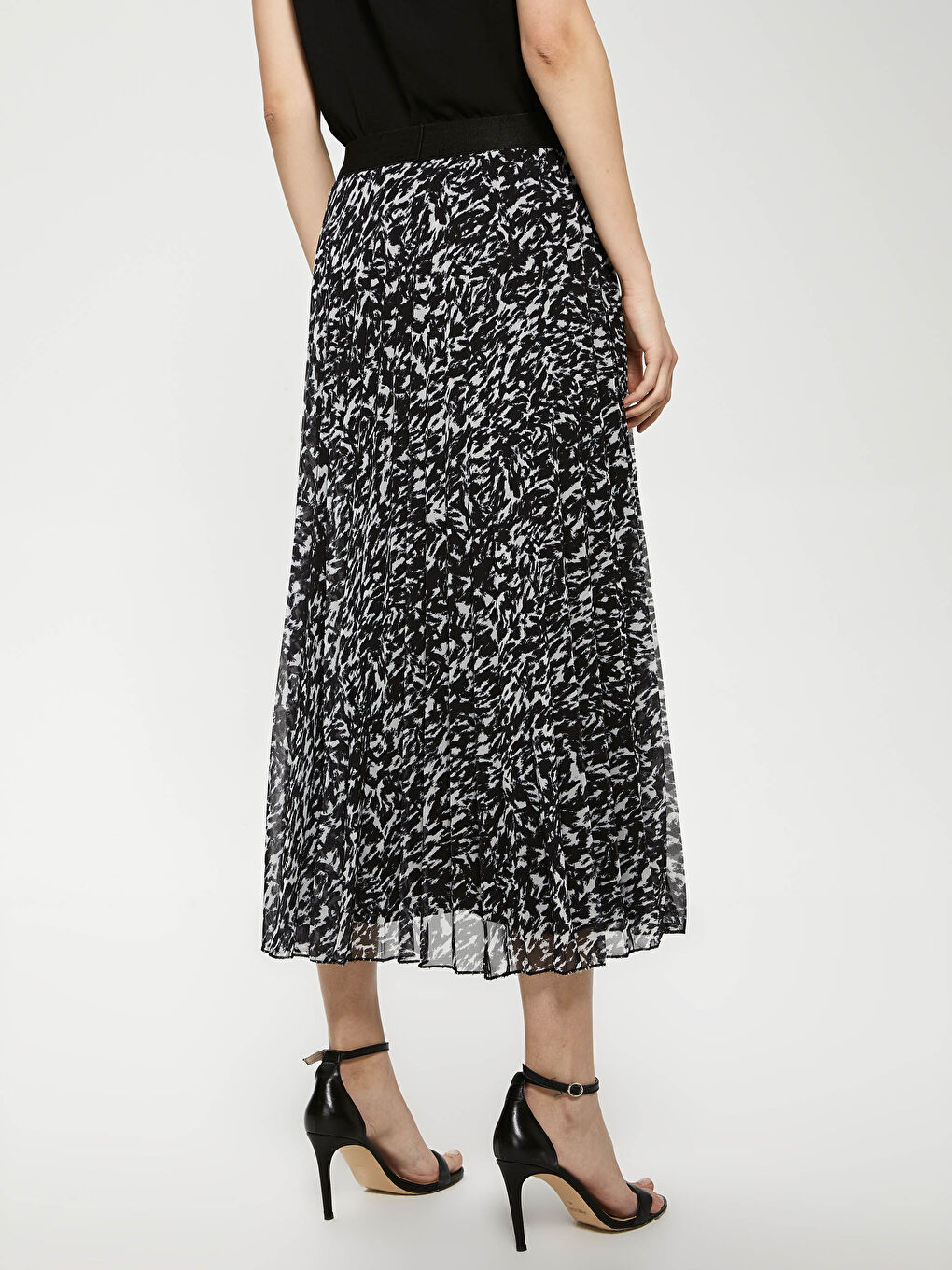 Bej Beli Lastikli Desenli Pileli Şifon Kadın Etek-9