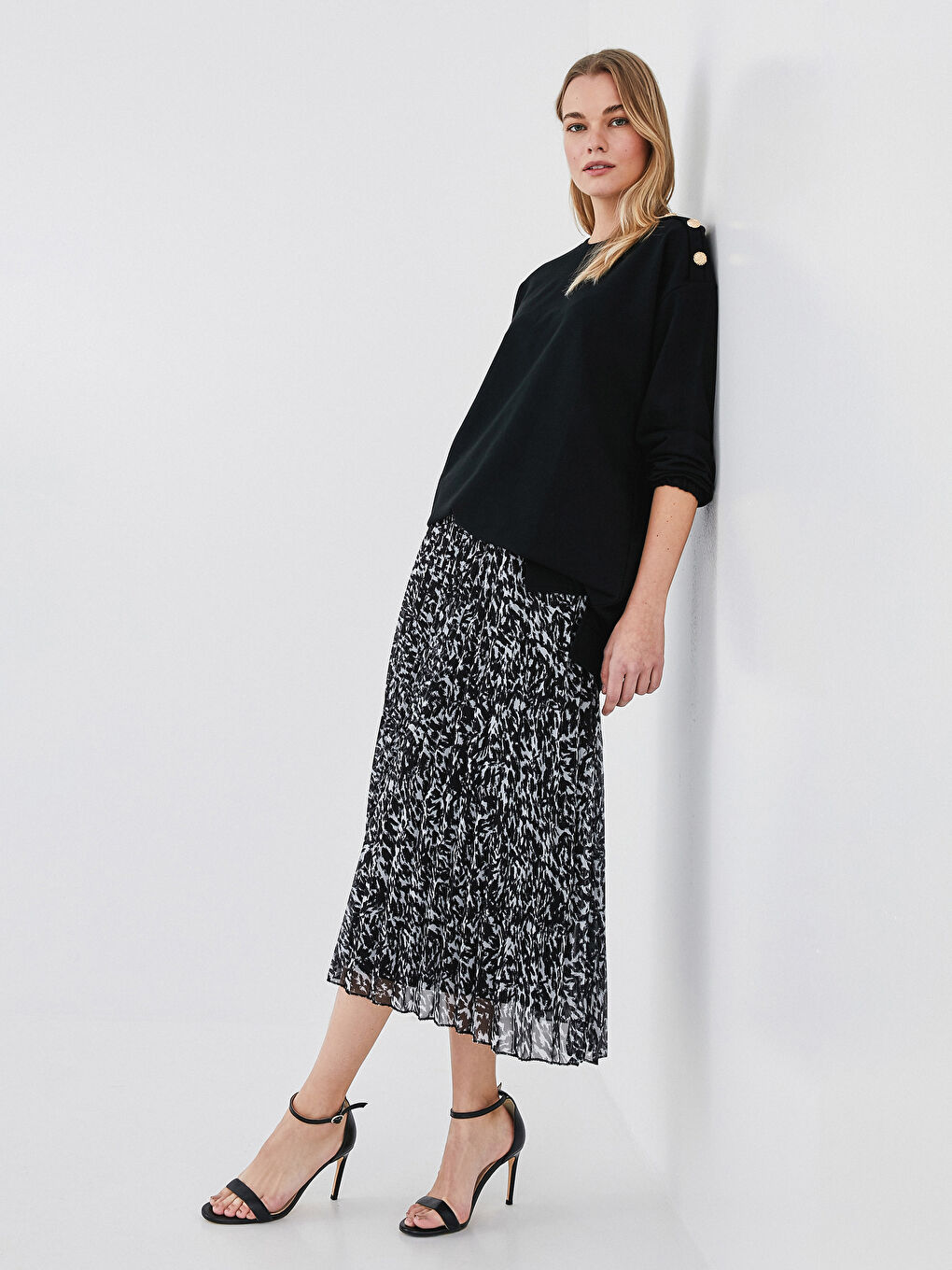 Bej Beli Lastikli Desenli Pileli Şifon Kadın Etek