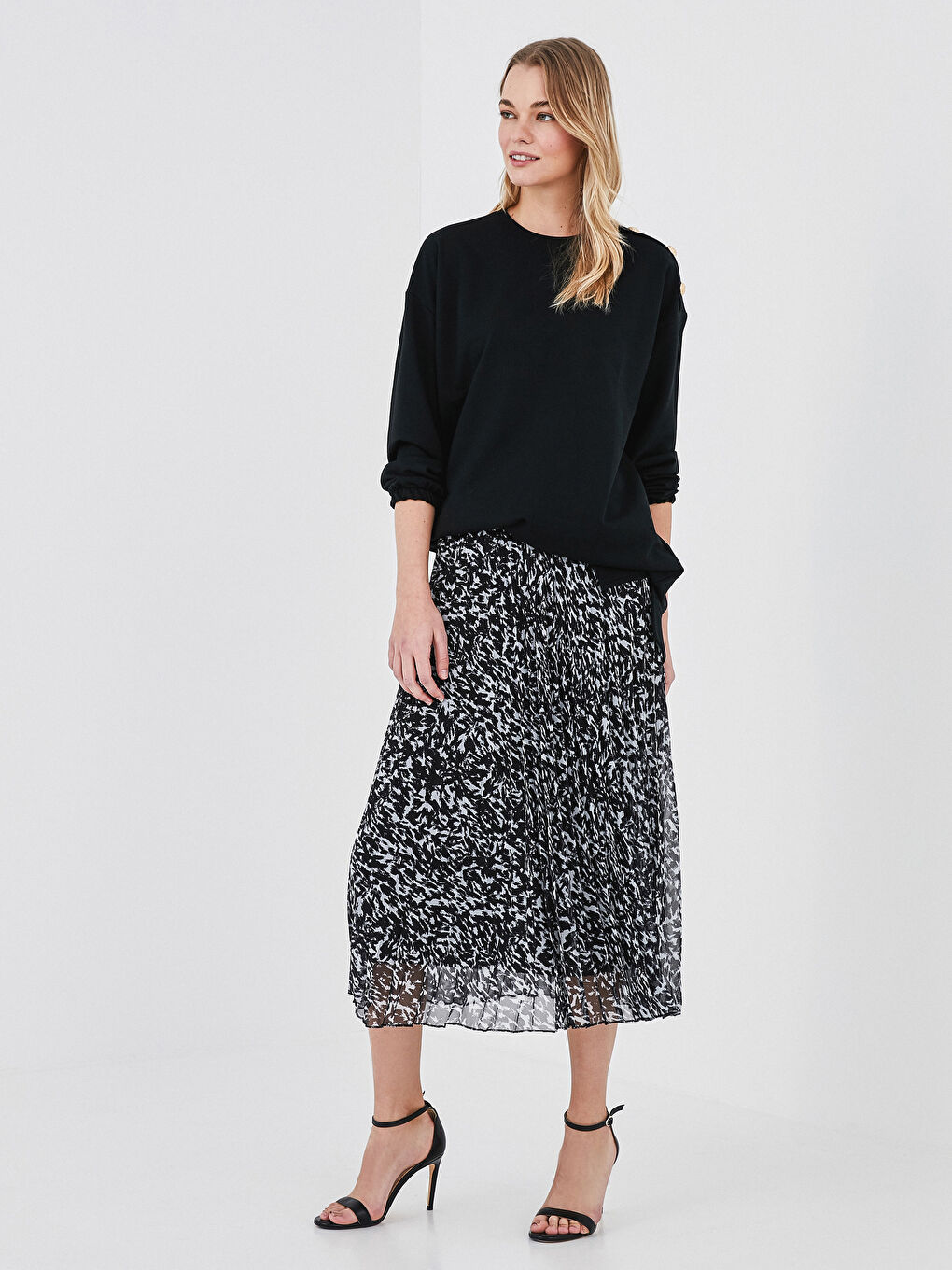 Bej Beli Lastikli Desenli Pileli Şifon Kadın Etek-1