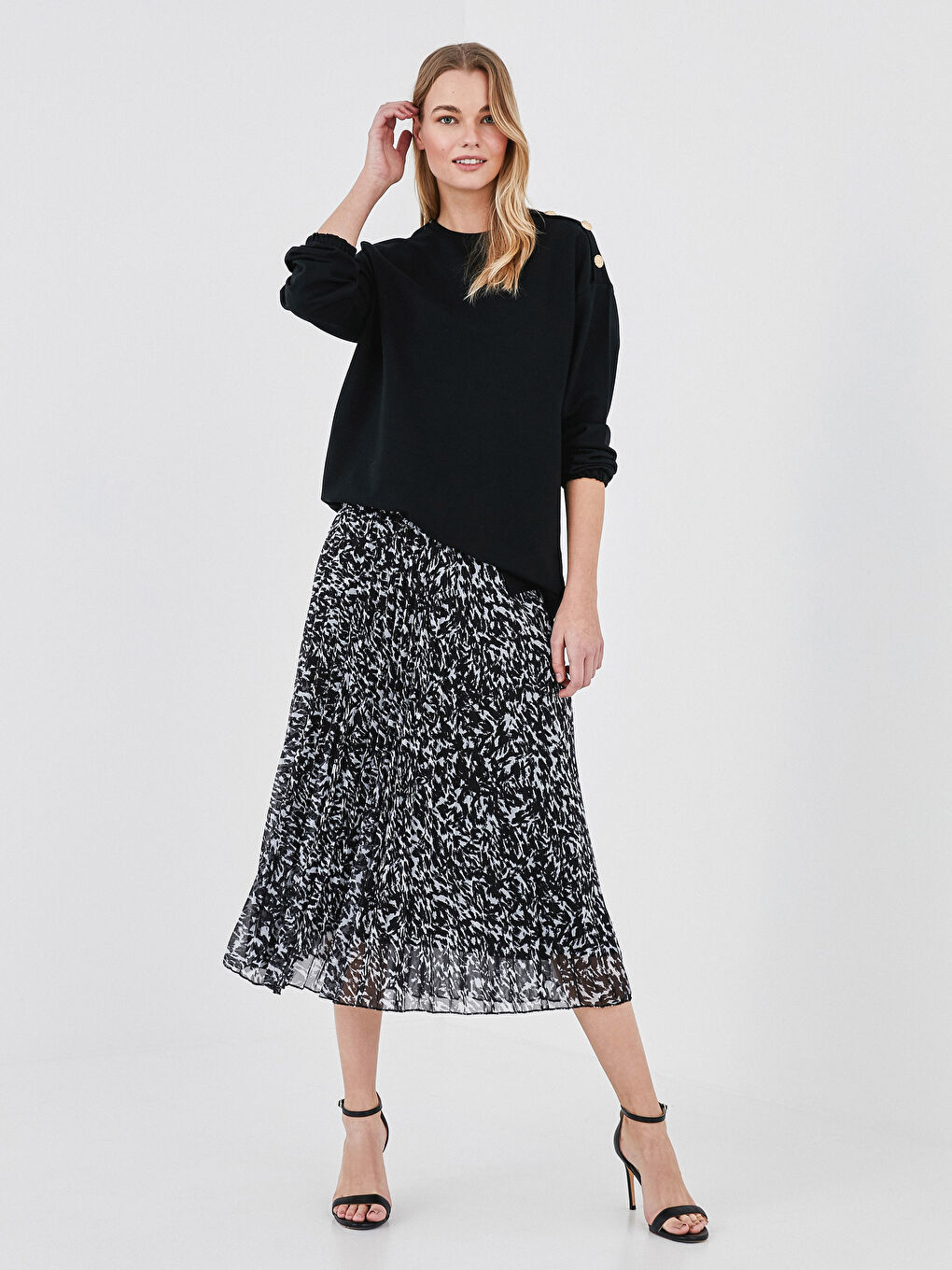 Bej Beli Lastikli Desenli Pileli Şifon Kadın Etek-2