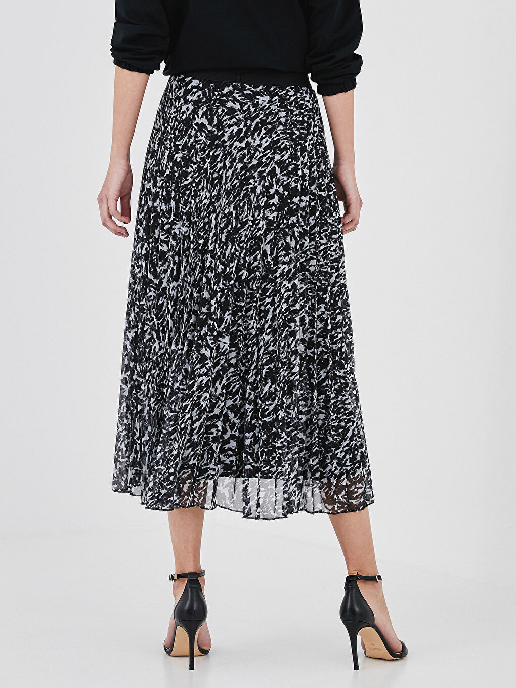 Bej Beli Lastikli Desenli Pileli Şifon Kadın Etek-4