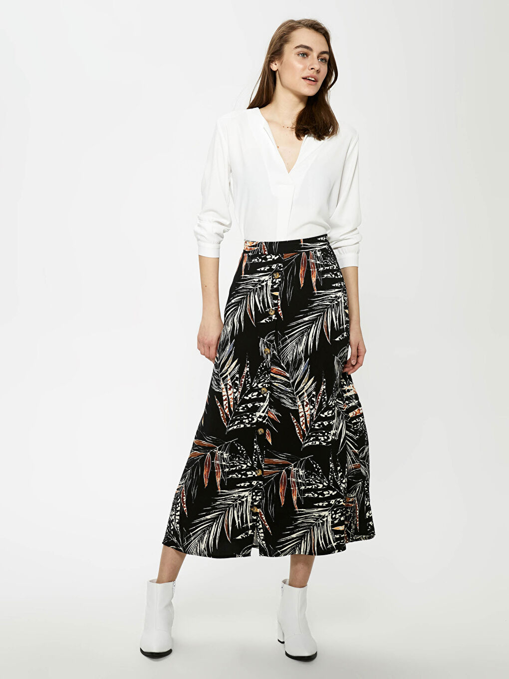 Elastic Waist Printed Button Detailed Woman Skirt