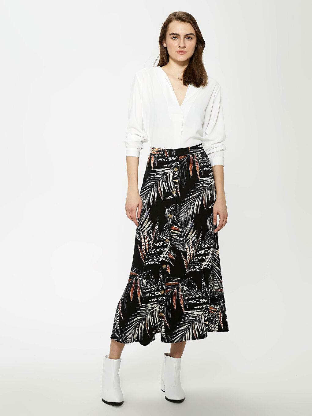 Elastic Waist Printed Button Detailed Woman Skirt-1