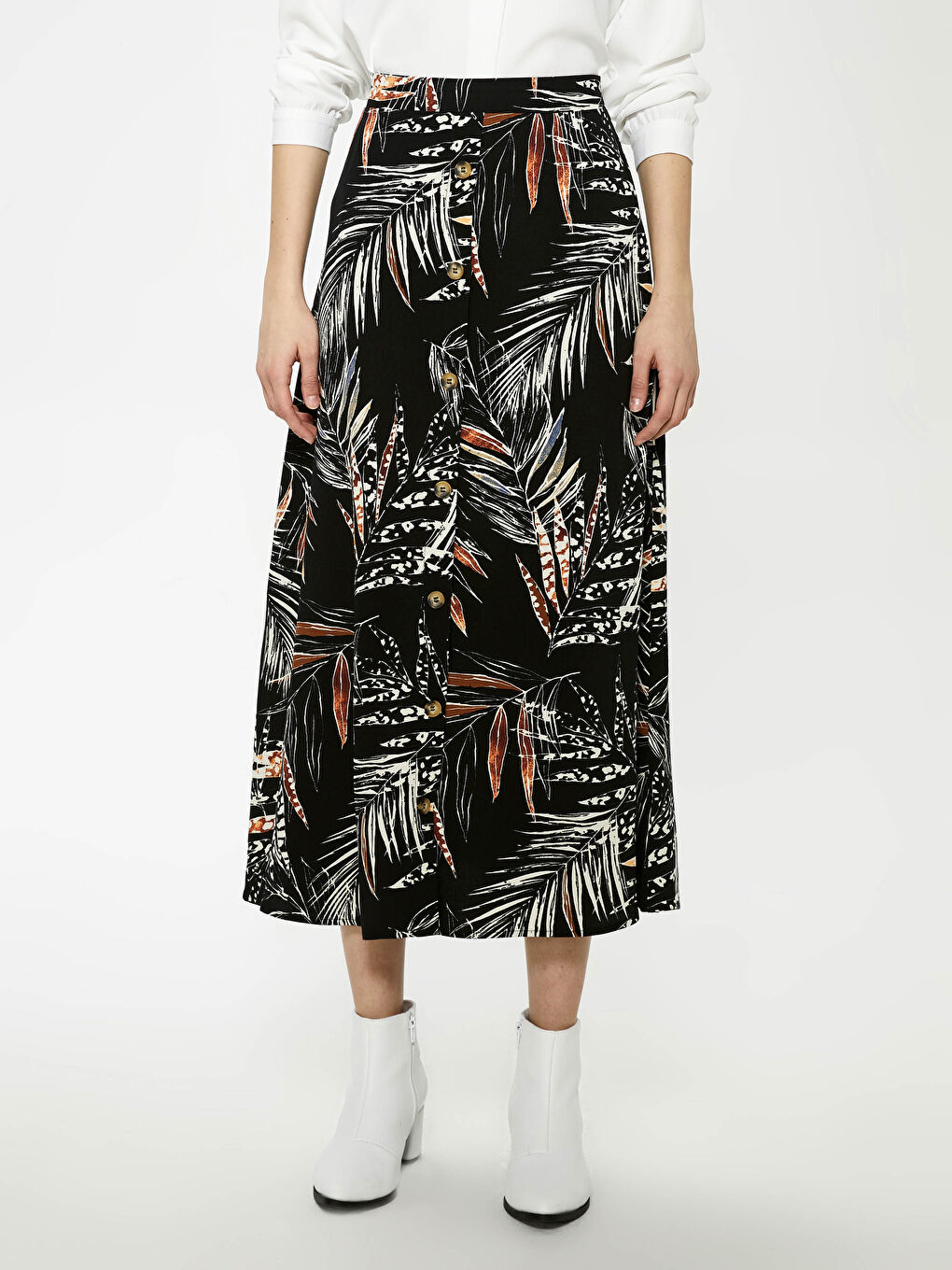 Elastic Waist Printed Button Detailed Woman Skirt-2