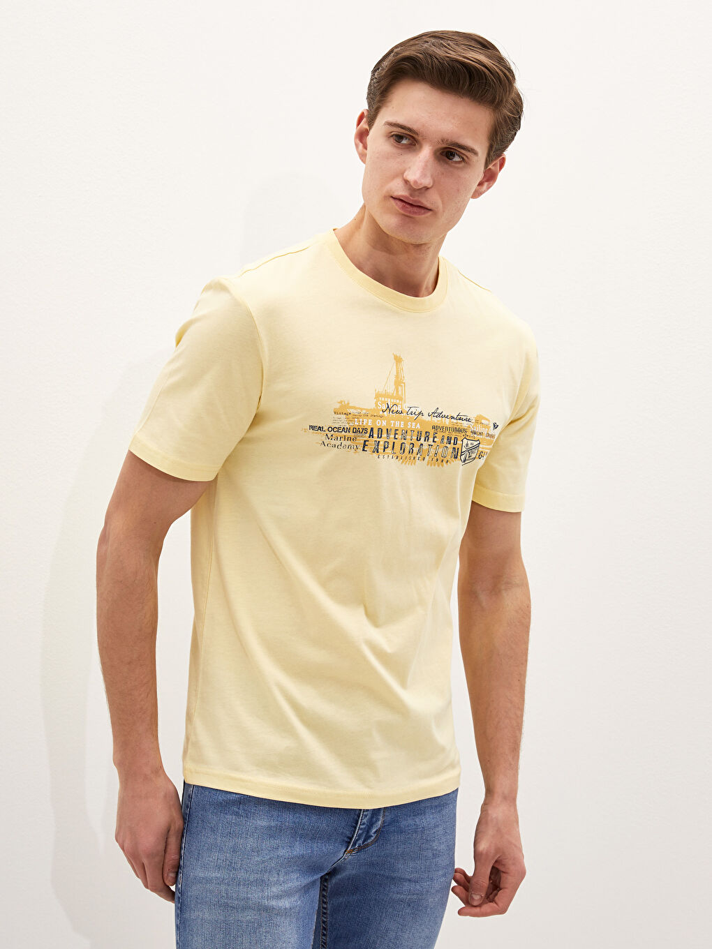 Sarı Bisiklet Yaka Kısa Kollu Baskılı Penye Erkek Tişört-1