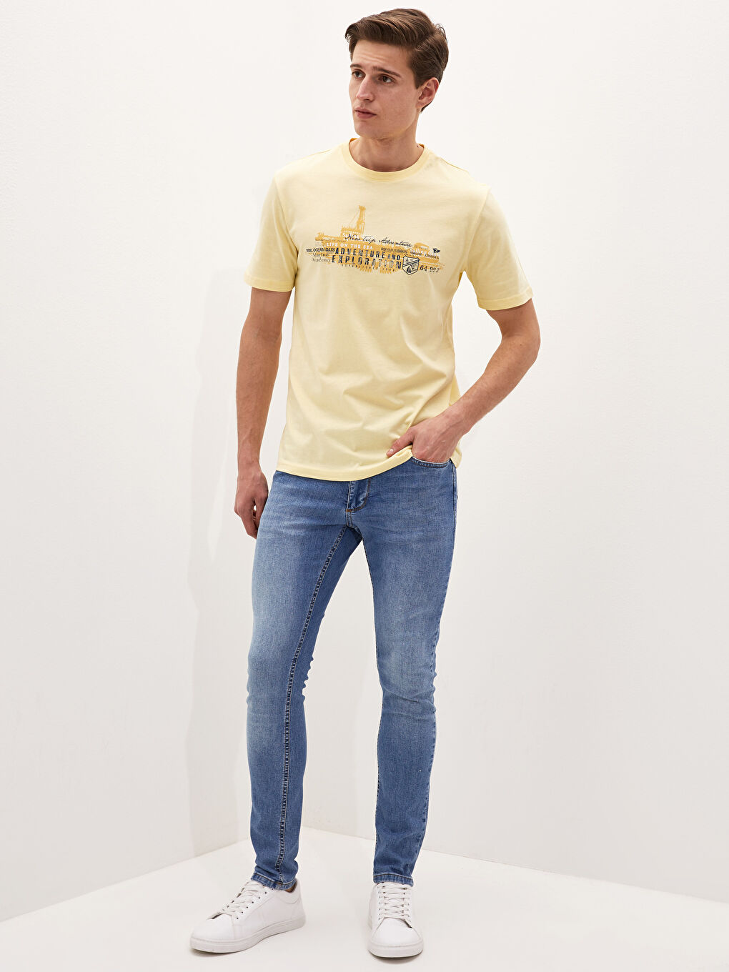 Sarı Bisiklet Yaka Kısa Kollu Baskılı Penye Erkek Tişört-2