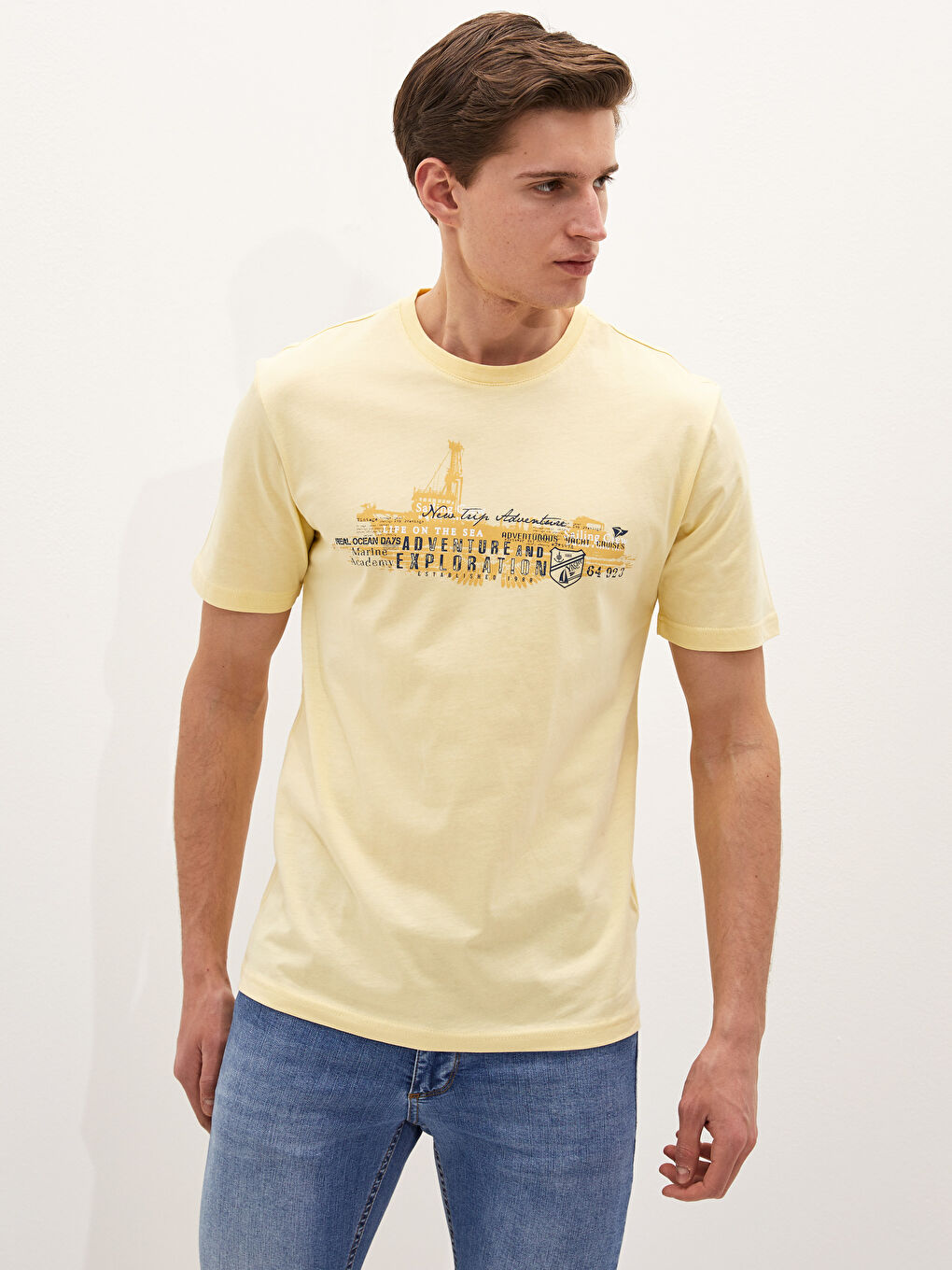 Sarı Bisiklet Yaka Kısa Kollu Baskılı Penye Erkek Tişört