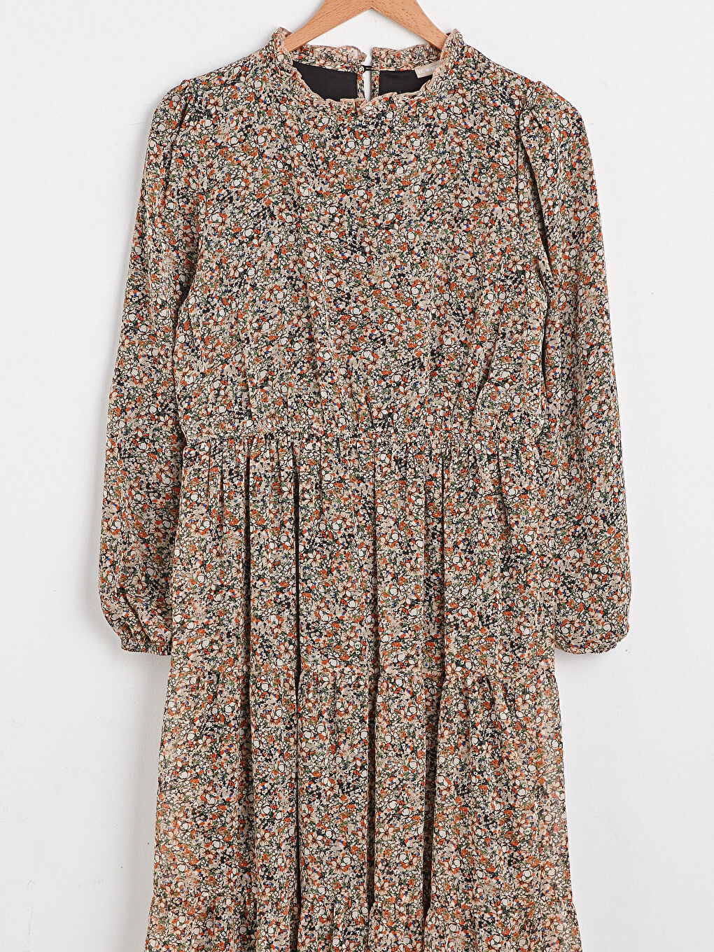 Turuncu Çiçek Desenli Uzun Kollu Kadın Elbise-7