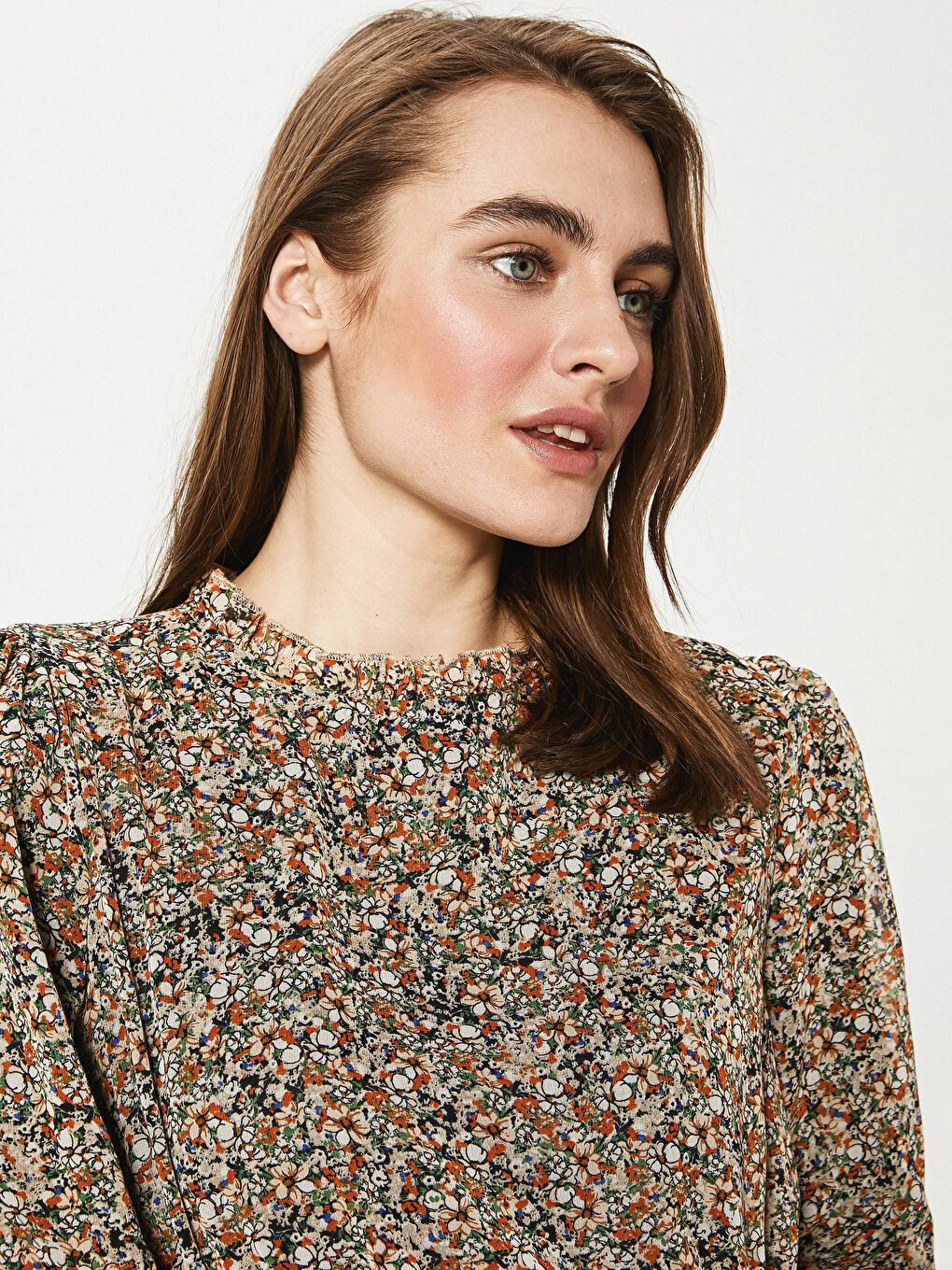 Turuncu Çiçek Desenli Uzun Kollu Kadın Elbise-2