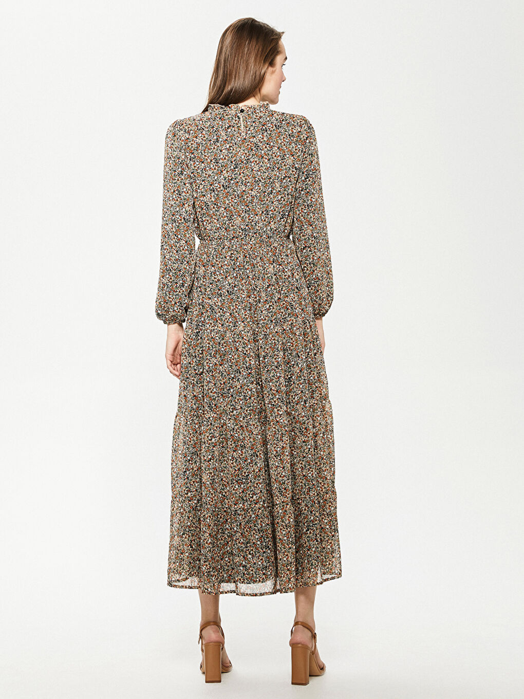 Turuncu Çiçek Desenli Uzun Kollu Kadın Elbise-3