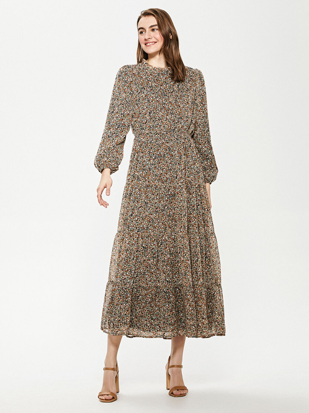 Turuncu Çiçek Desenli Uzun Kollu Kadın Elbise-4