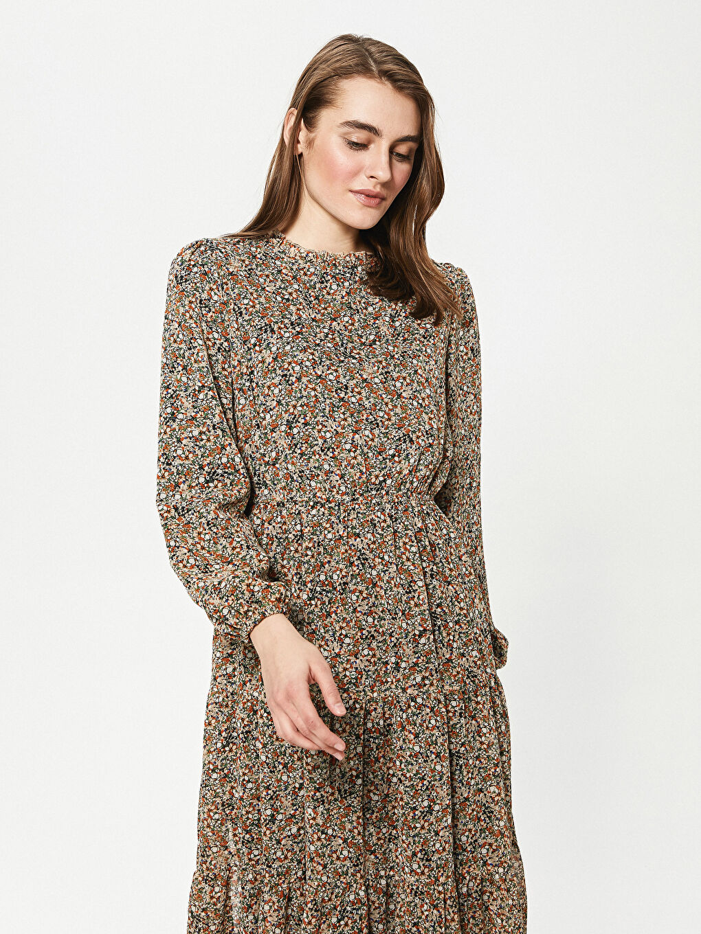 Turuncu Çiçek Desenli Uzun Kollu Kadın Elbise-1