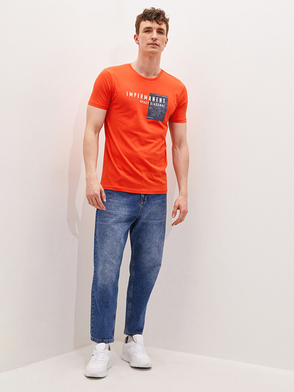 Turuncu Bisiklet Yaka Kısa Kollu Baskılı Penye Erkek Tişört-1