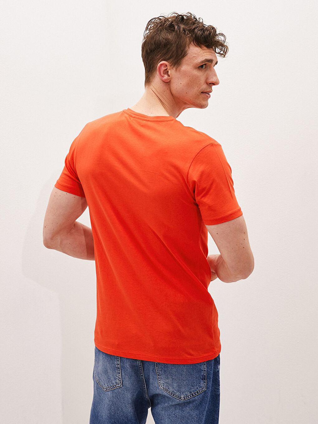 Turuncu Bisiklet Yaka Kısa Kollu Baskılı Penye Erkek Tişört-2