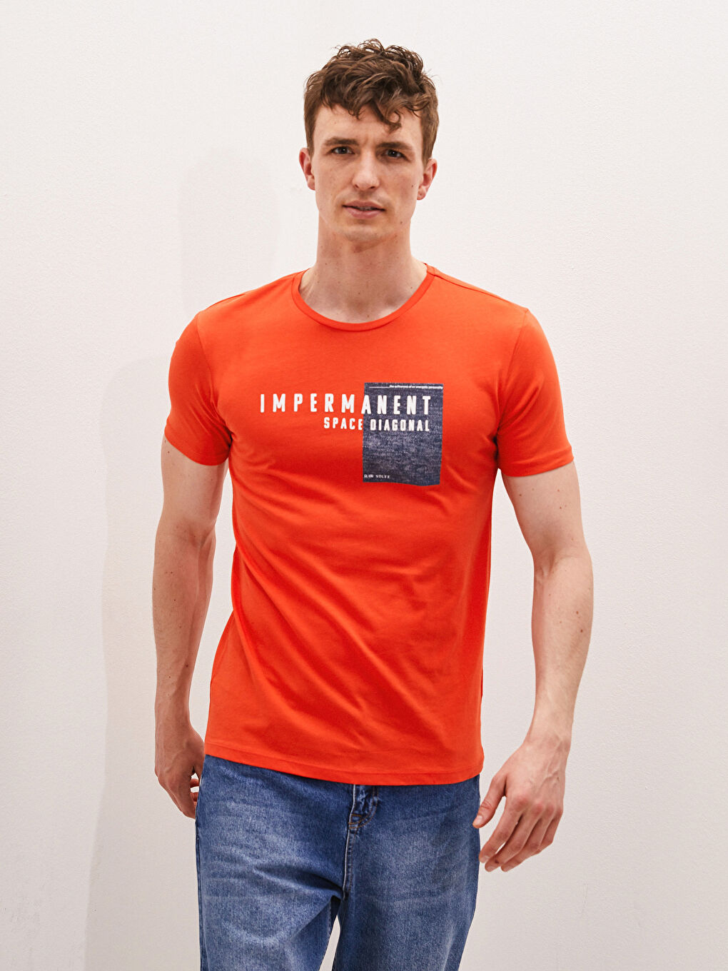 Turuncu Bisiklet Yaka Kısa Kollu Baskılı Penye Erkek Tişört-3