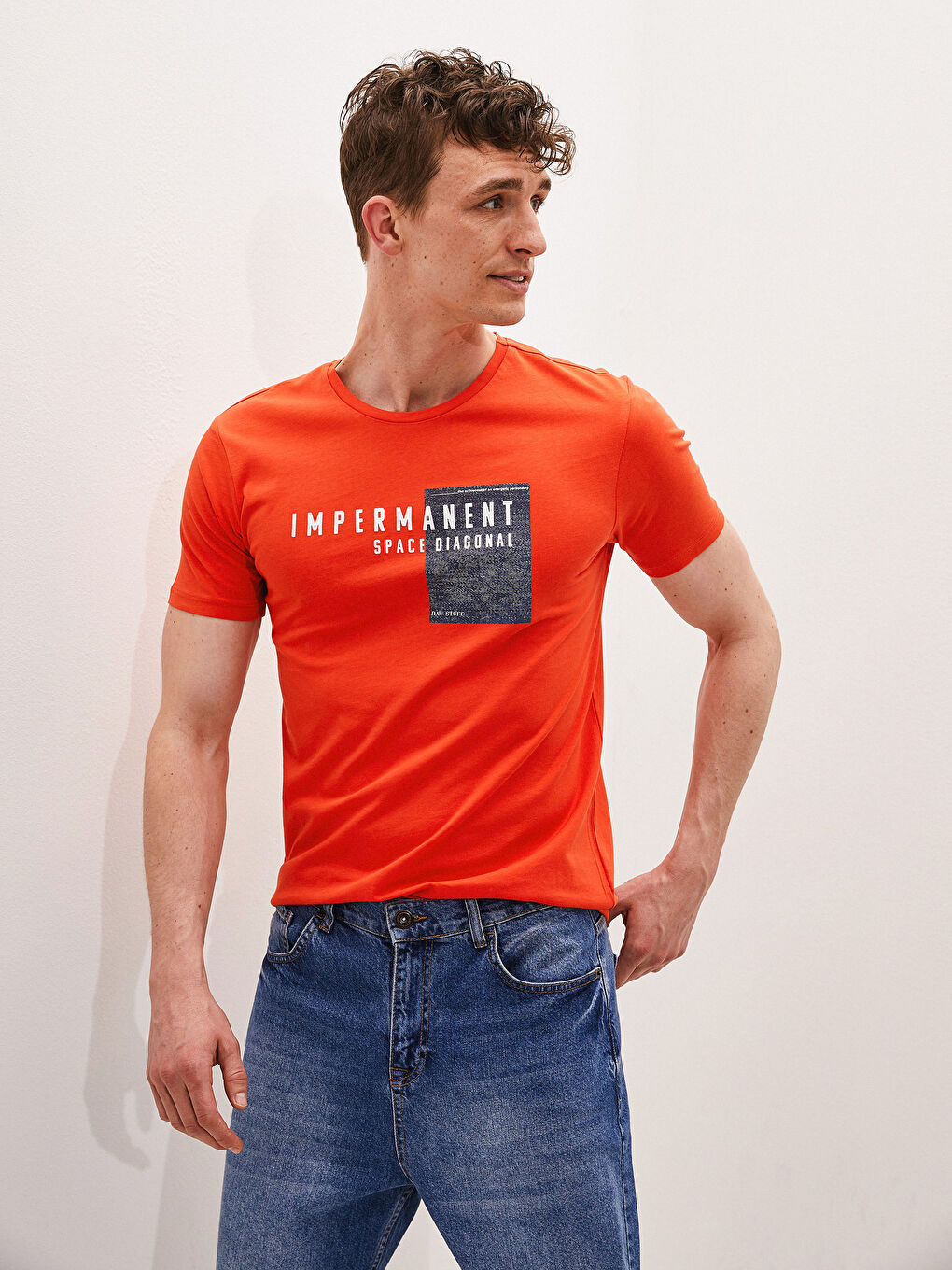 Turuncu Bisiklet Yaka Kısa Kollu Baskılı Penye Erkek Tişört