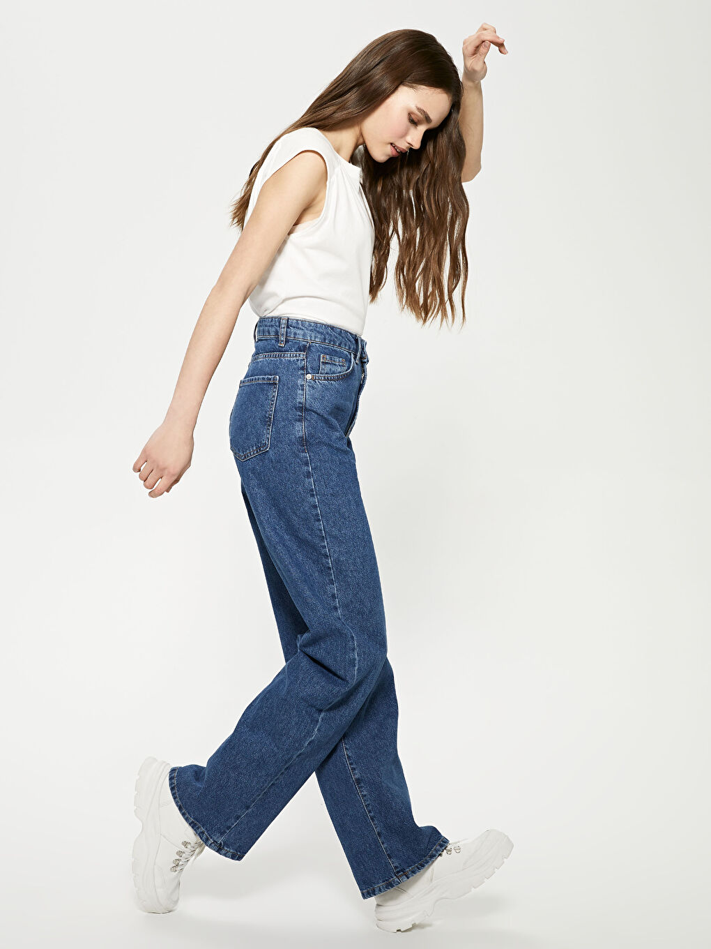 İndigo Yüksek Bel Wideleg Kadın Jean Pantolon-4