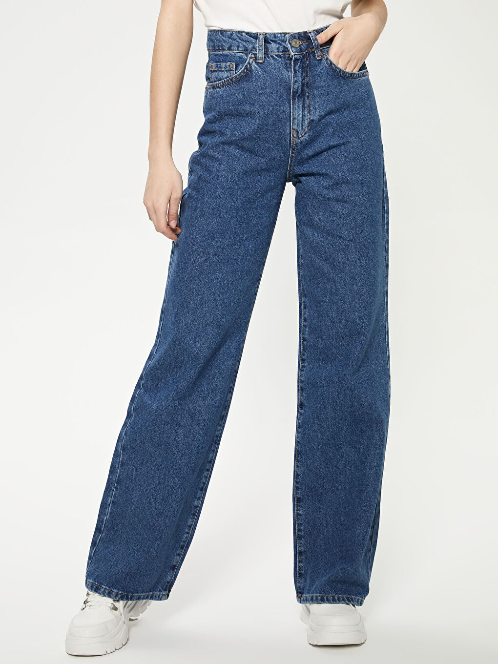 İndigo Yüksek Bel Wideleg Kadın Jean Pantolon-5