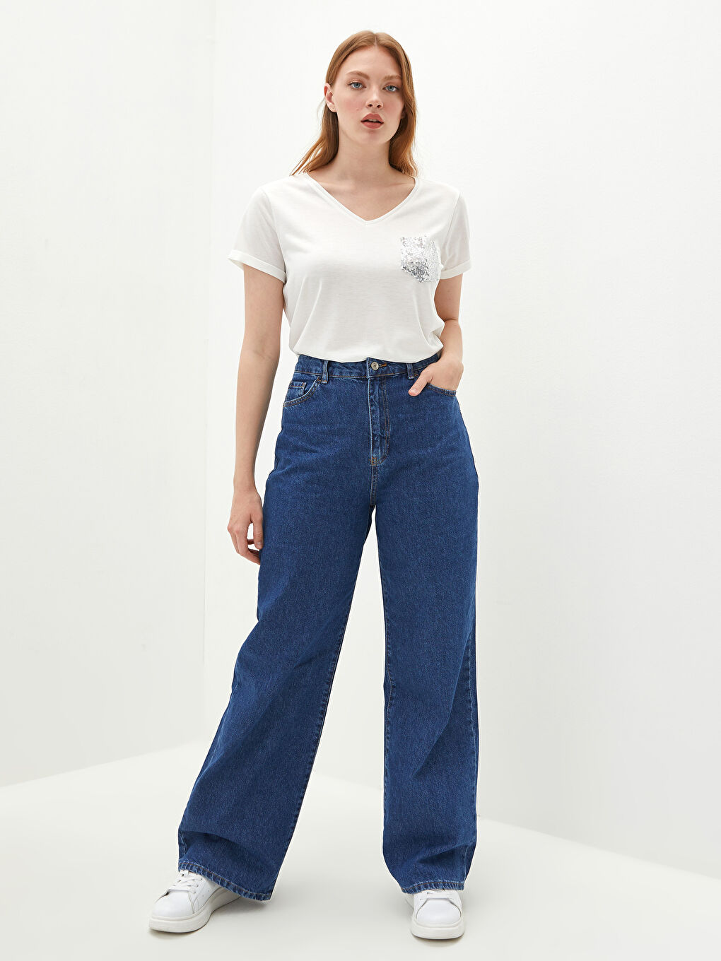 İndigo Yüksek Bel Wideleg Kadın Jean Pantolon