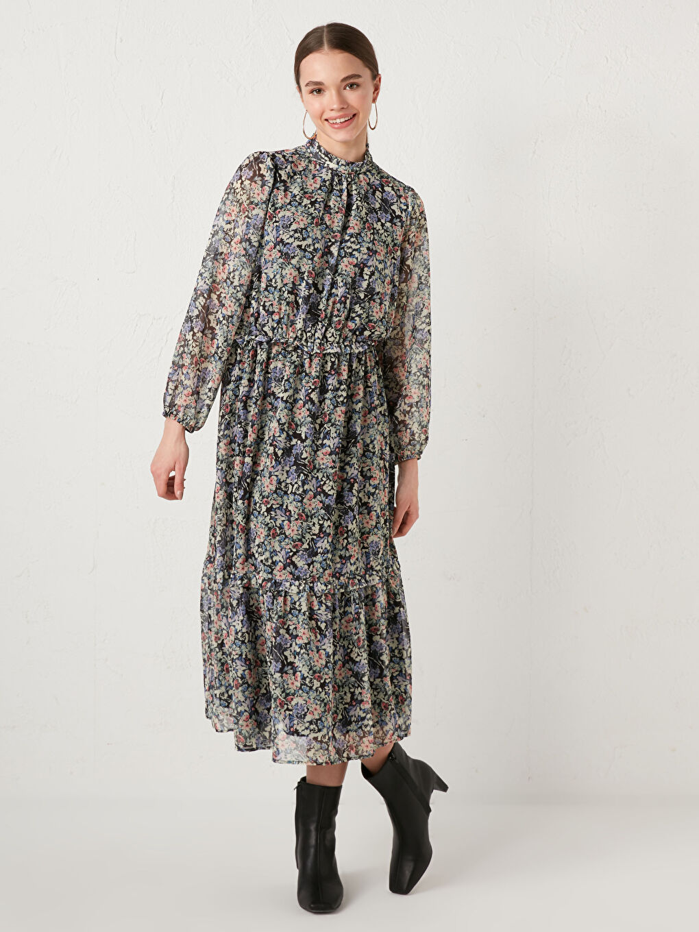 Stand Collar Floral Long Sleeve Chiffon Women's Dress