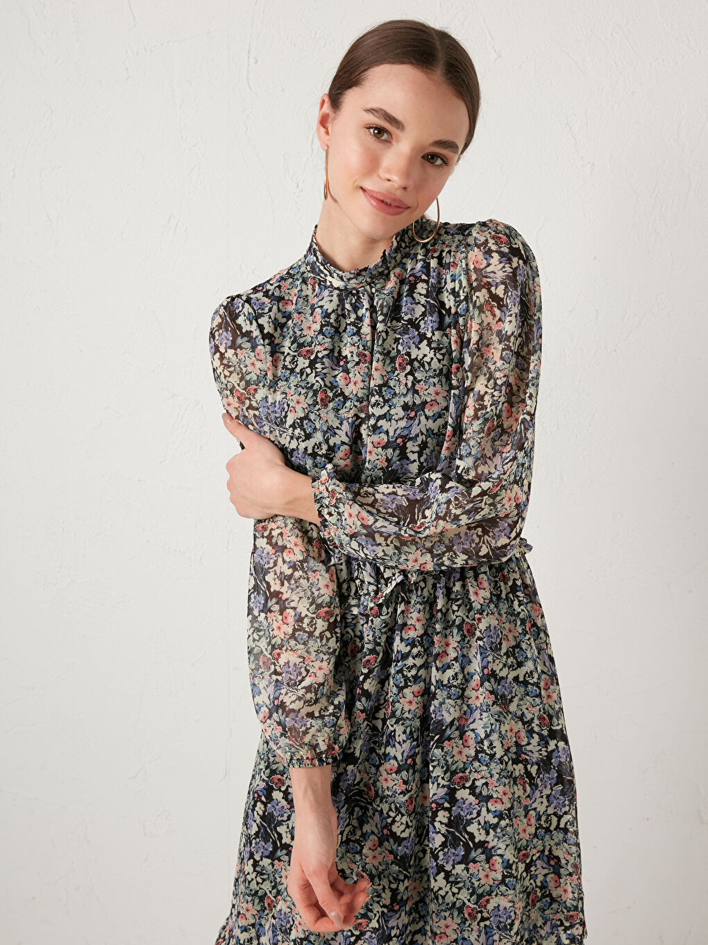Stand Collar Floral Long Sleeve Chiffon Women's Dress-1