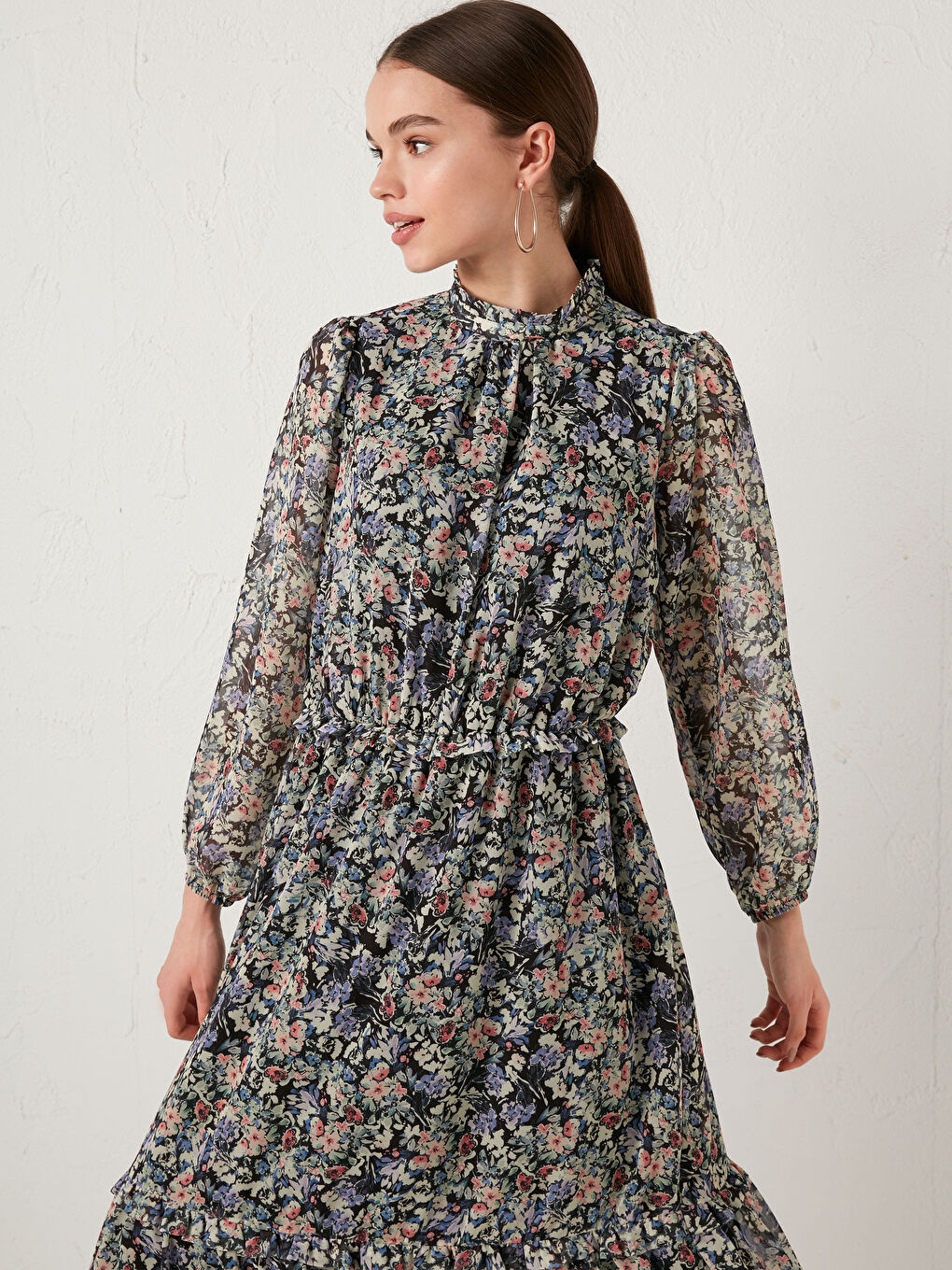 Stand Collar Floral Long Sleeve Chiffon Women's Dress-2