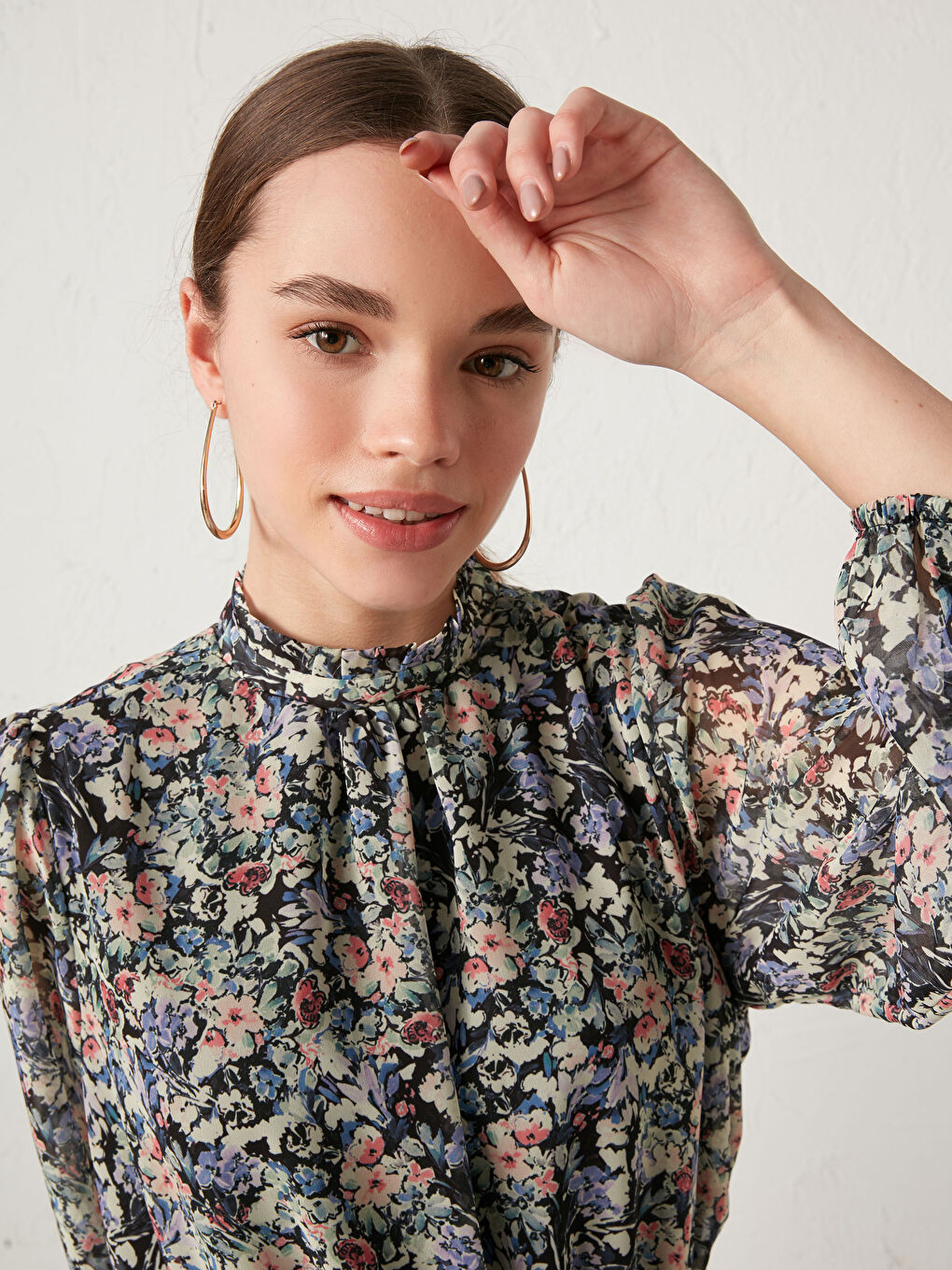 Stand Collar Floral Long Sleeve Chiffon Women's Dress-3