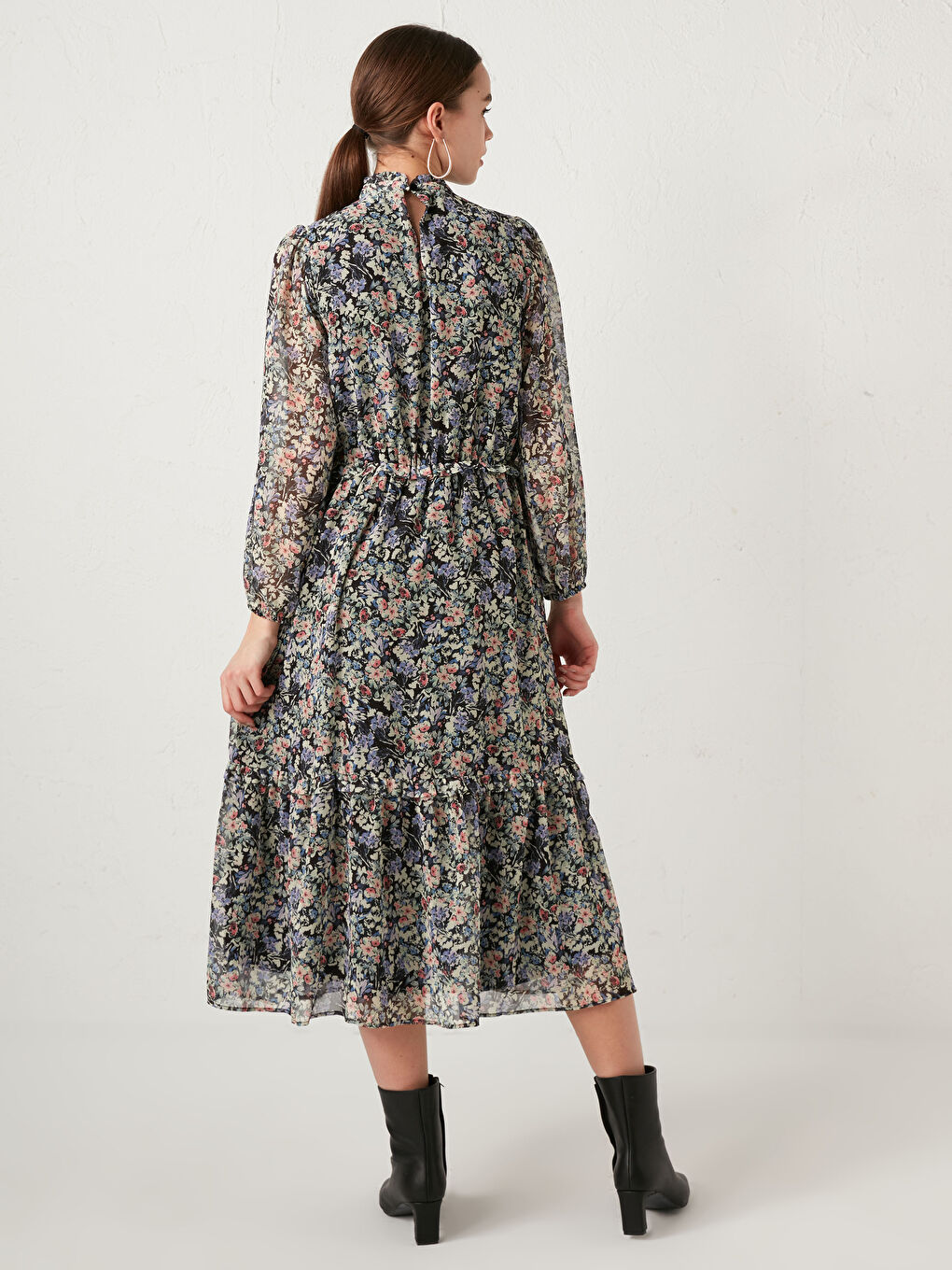 Stand Collar Floral Long Sleeve Chiffon Women's Dress-4