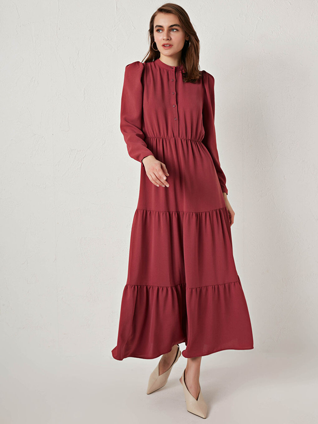 Women's Grandad Collar Plain Long Sleeve Long Dress