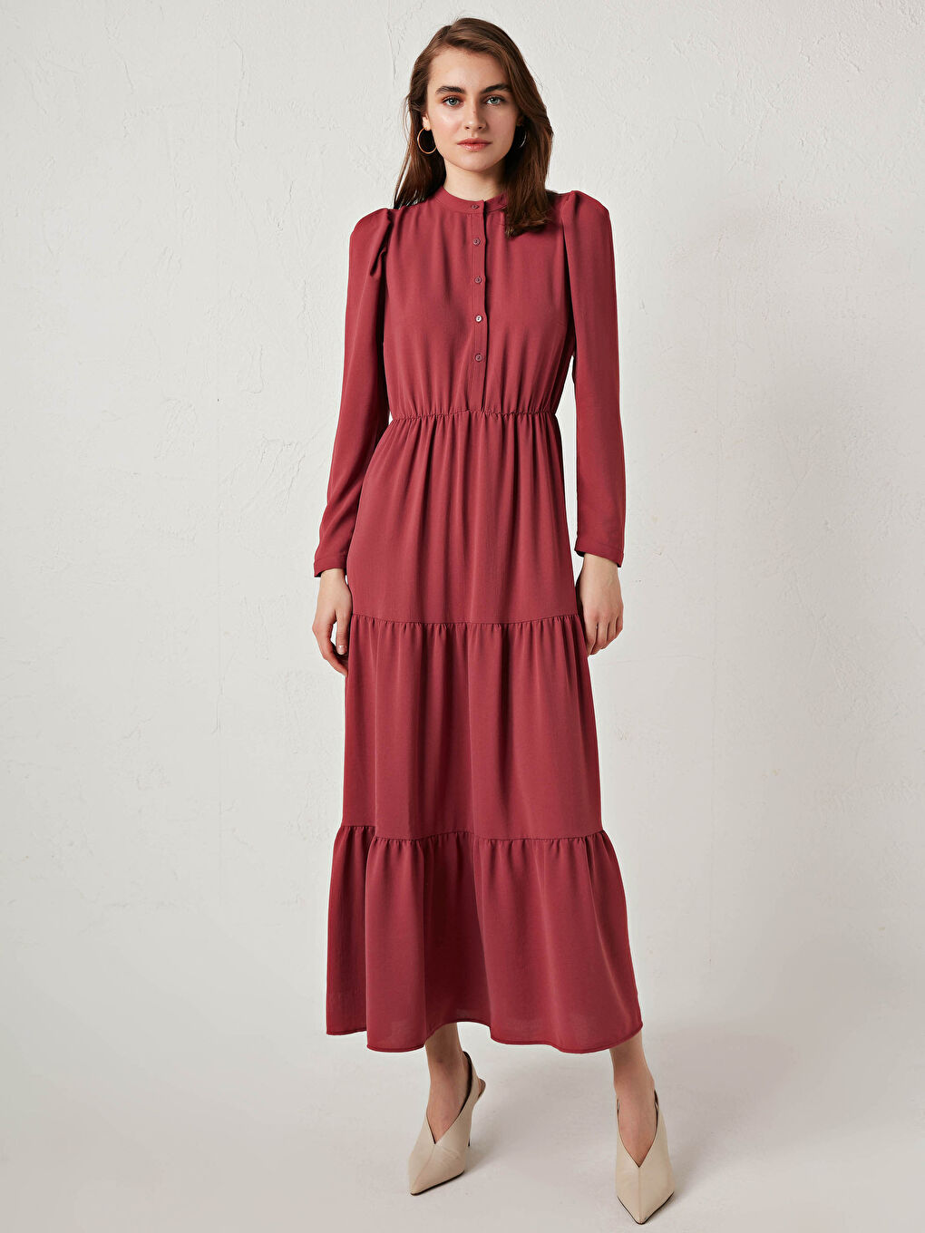 Women's Grandad Collar Plain Long Sleeve Long Dress-1