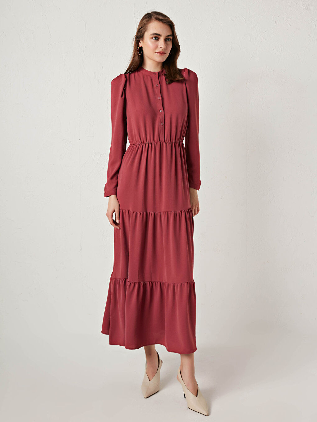 Women's Grandad Collar Plain Long Sleeve Long Dress-2