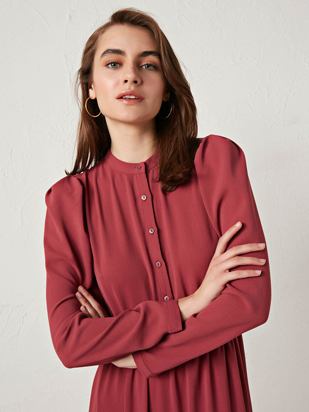 Women's Grandad Collar Plain Long Sleeve Long Dress-3