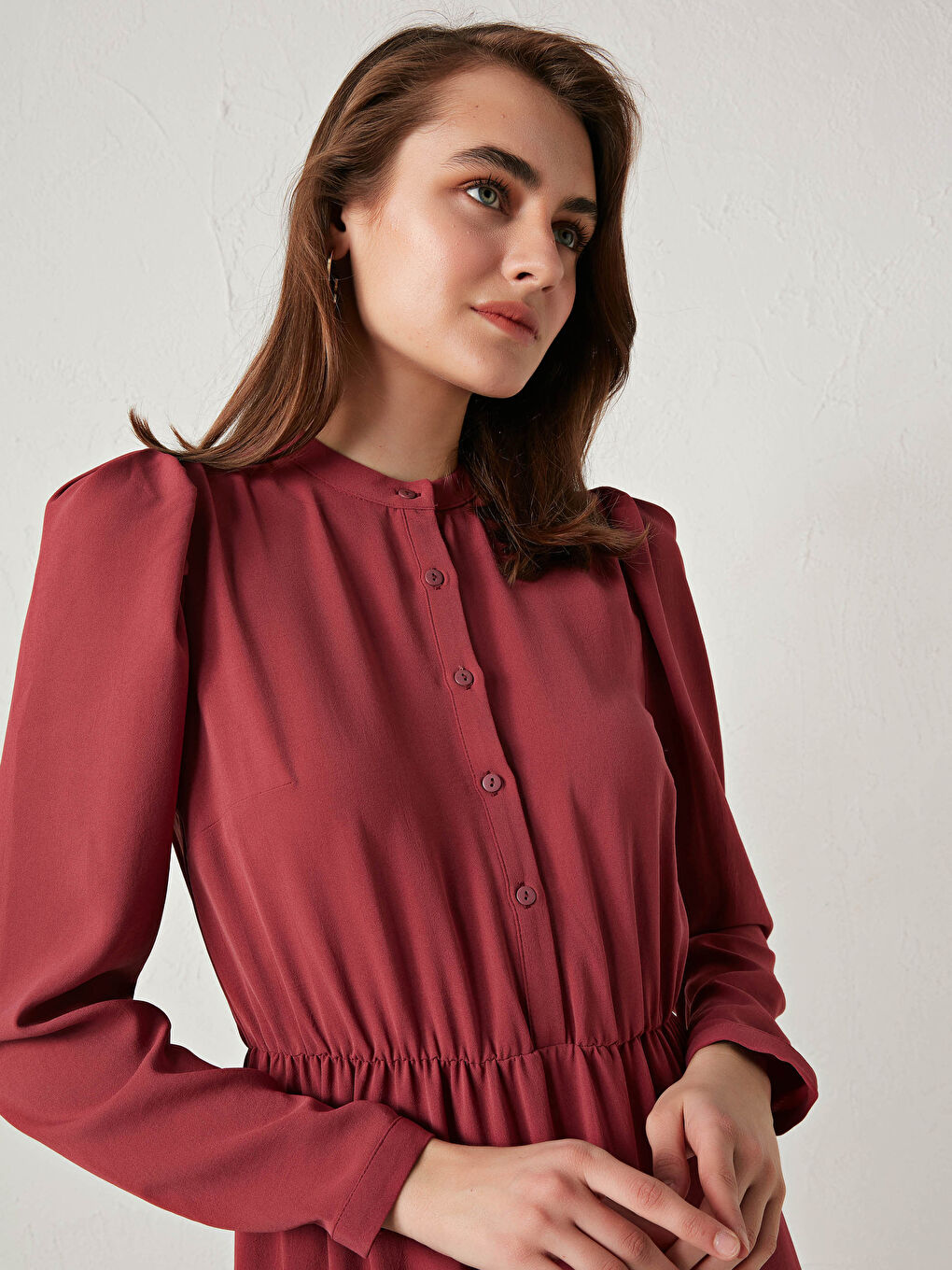 Women's Grandad Collar Plain Long Sleeve Long Dress-4