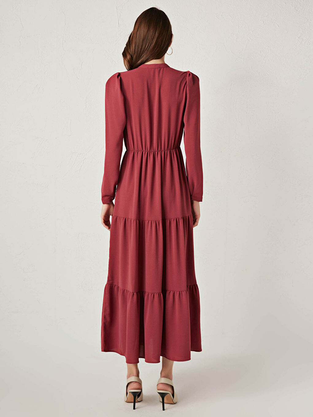 Women's Grandad Collar Plain Long Sleeve Long Dress-5