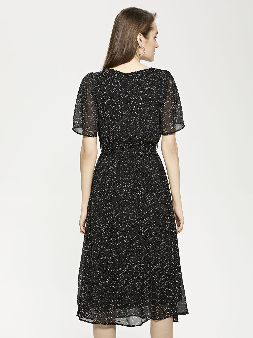 Siyah Kare Yaka Desenli Kısa Kollu Şifon Kadın Elbise-5