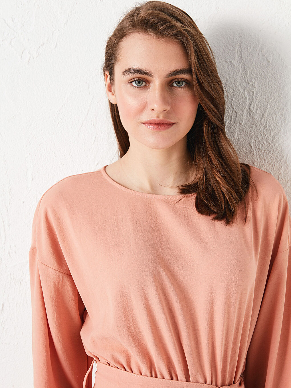 Pembe Bisiklet Yaka Beli Kuşaklı Uzun Kollu Kadın Elbise-3